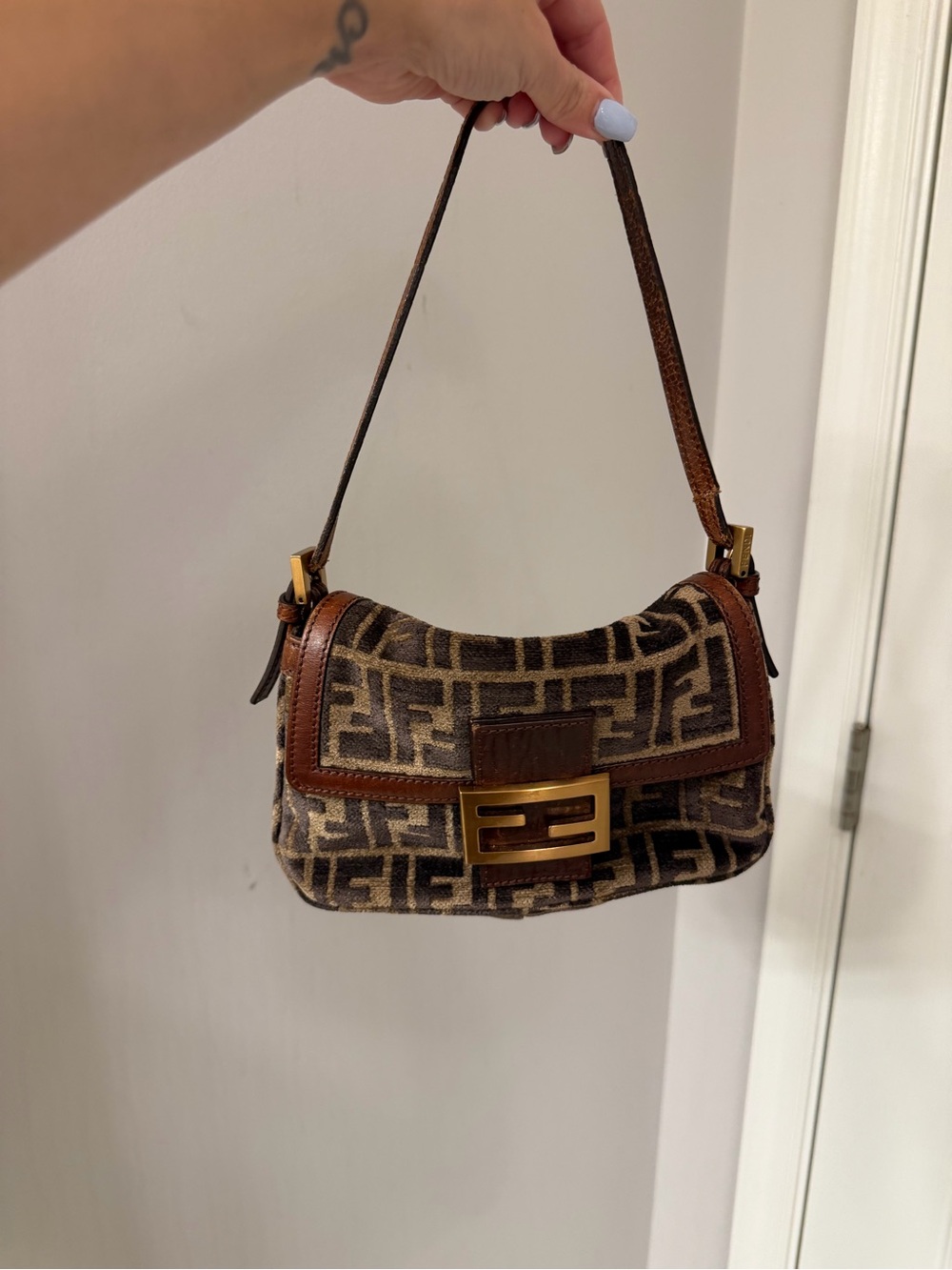 Fendi Brown and Tan FF Logo Shoulder Baguette